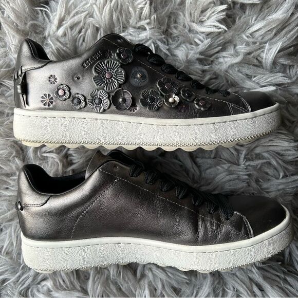 Coach Tea Rose Floral Embellished Metallic Leather Sneakers womens shoe size 9 B - Picture 8 of 13